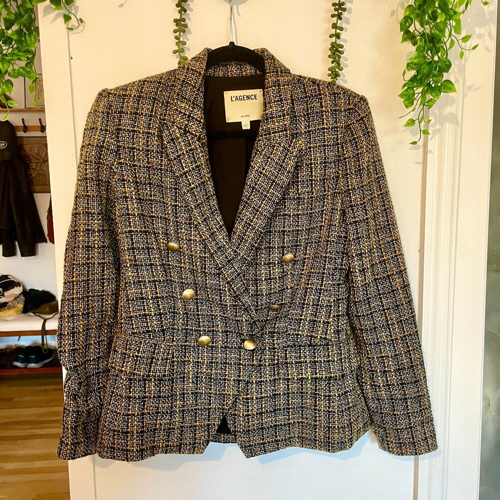 L'Agence Kenzie Blazer Double Breasted Tweed Jacket Coat Gold Buttons Black US 6 - Picture 3 of 16